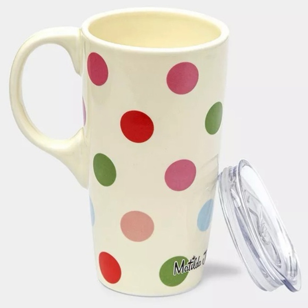 Matilda Jane Clothing Polka Dot Ceramic Travel Coffee Mug Cup 16 fl oz w LID MCM